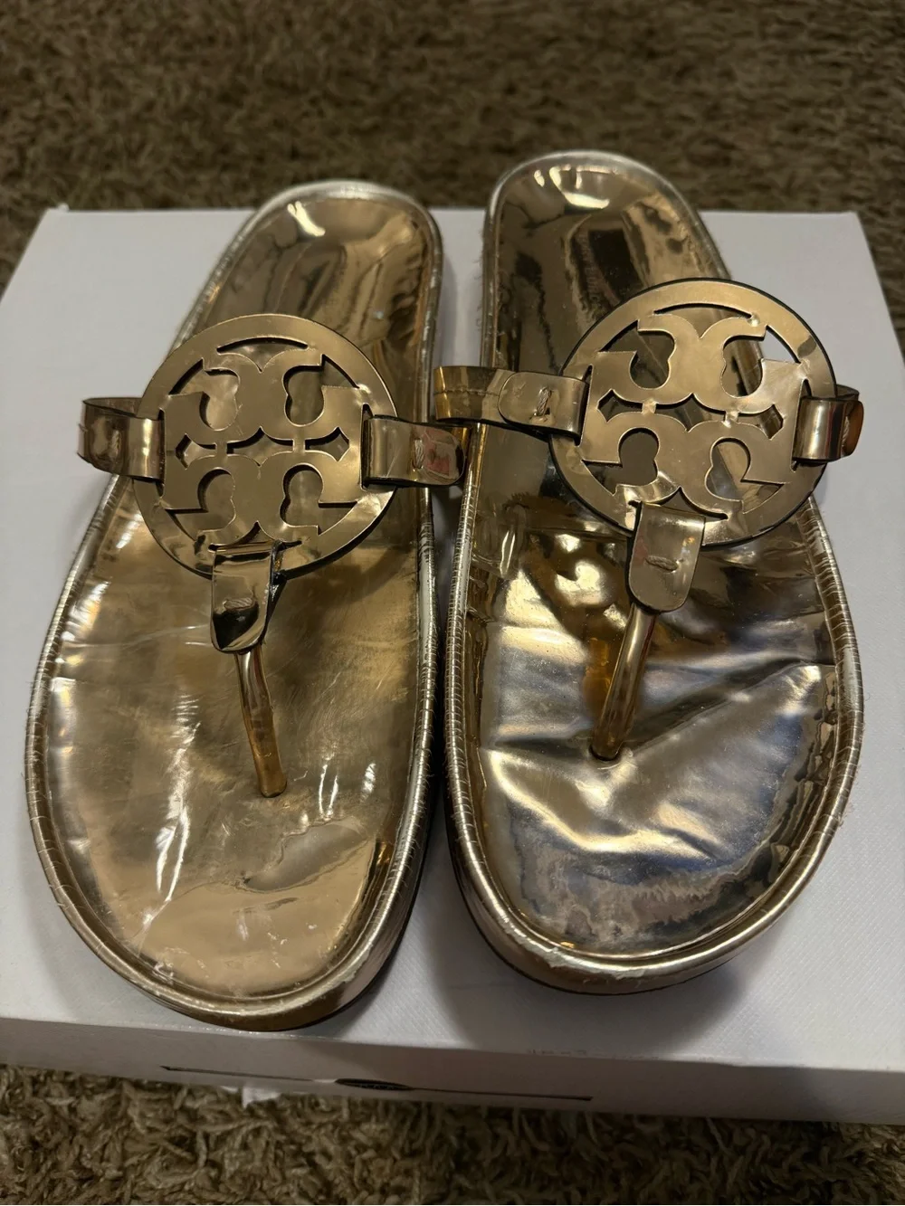 Tory Burch Rose Gold Logo Thong Sandals
